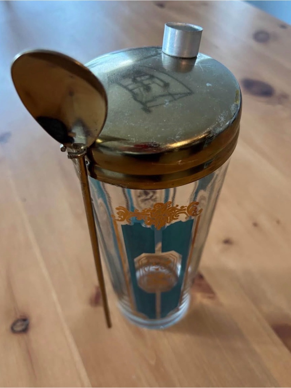 Vintage Mid-Century Teal & Gold Glass Cocktail Shaker with Spoon